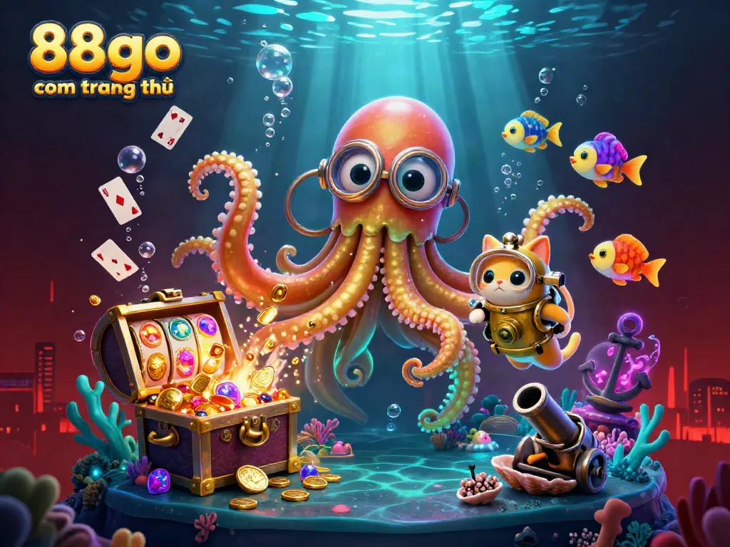 Experience excitement with 88go com trang chủ, featuring a cartoon kraken and diving cat in an underwater casino.