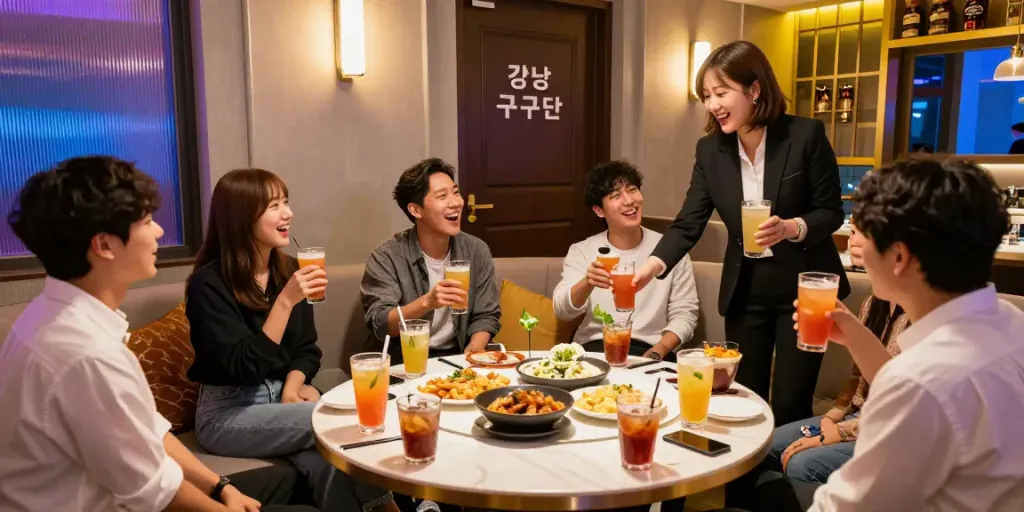 강남 구구단에서 매니저와 함께 즐거운 시간을 보내는 친구들의 모임 장면