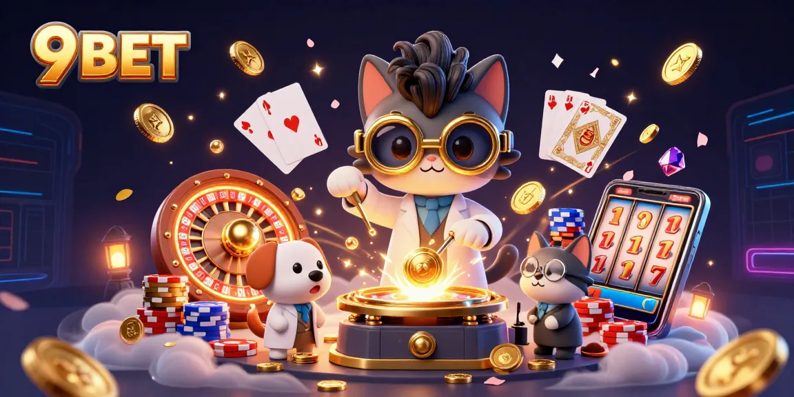 Engage in thrilling action with 9BET, showcasing a vibrant 3D casino scene filled with golden coins and gaming excitement.