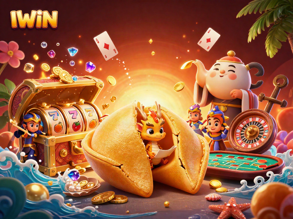 IWIN brings luck with vibrant slot reels and golden treasure in this dynamic casino scene.