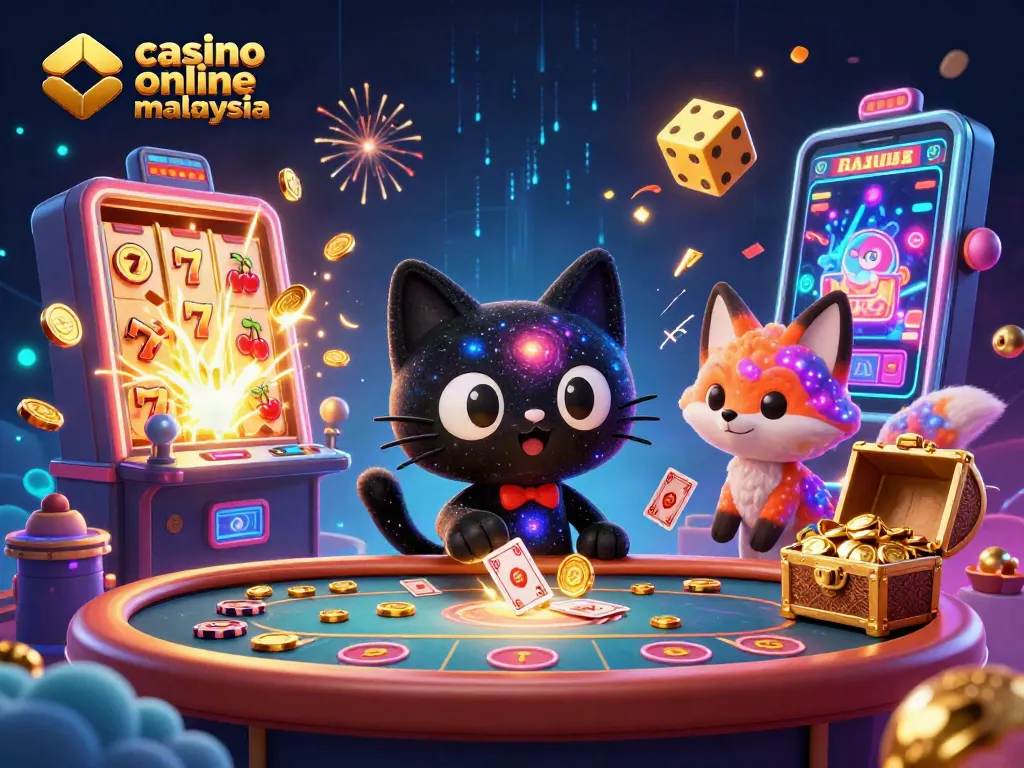 Engage in casino online Malaysia with vibrant games, golden chips, and cosmic characters.