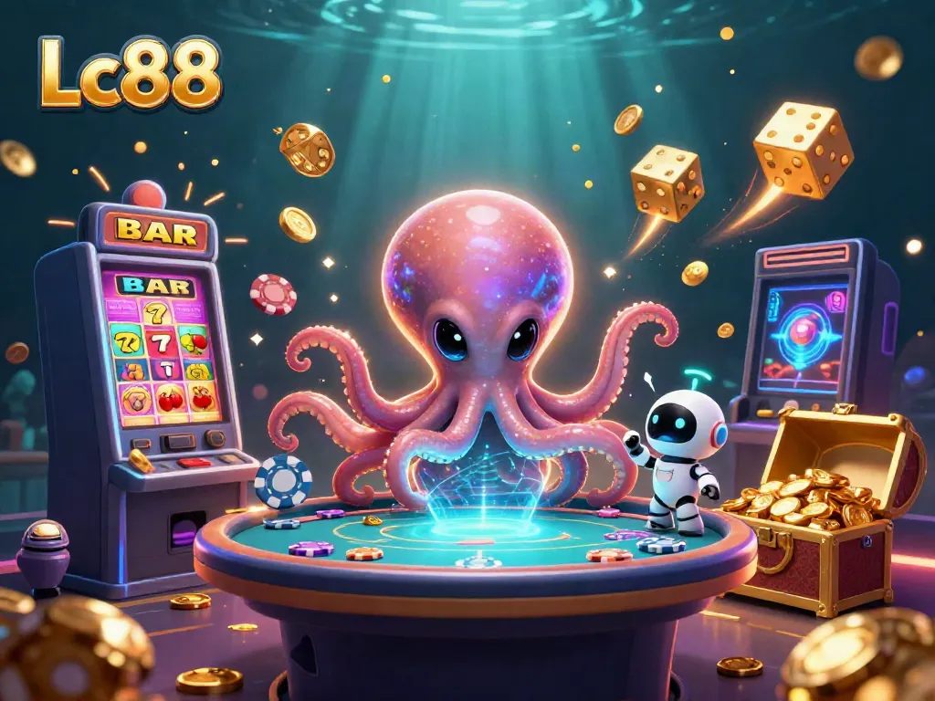 Experience Lc88's thrilling poker action with an alien octopus dealer and animated casino elements.