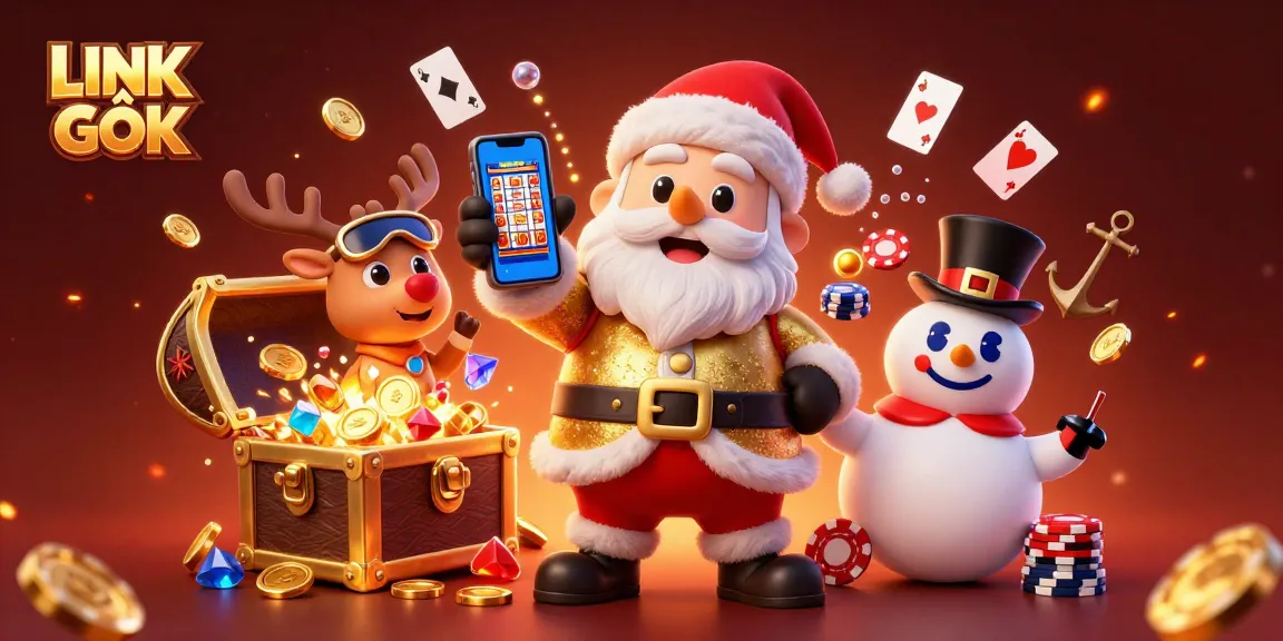 Experience the thrill of LINK GỐC with a festive gaming scene featuring Santa and friends.