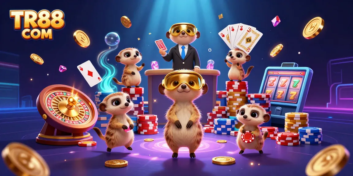 Engage in exciting wins at TR88 COM, featuring a lively meerkat casino scene with golden coins and vibrant games.