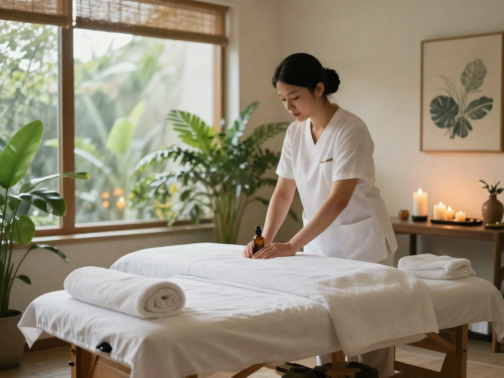Serene 성동구출장안마 spa scene with a massage therapist preparing a tranquil space for relaxation.