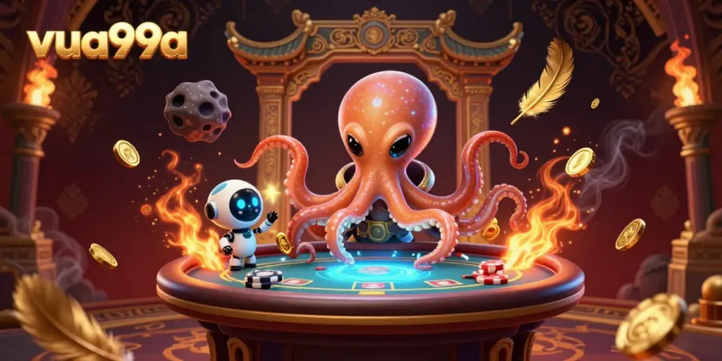 Experience thrilling poker action with vua99a in a vibrant 3D alien casino scene.