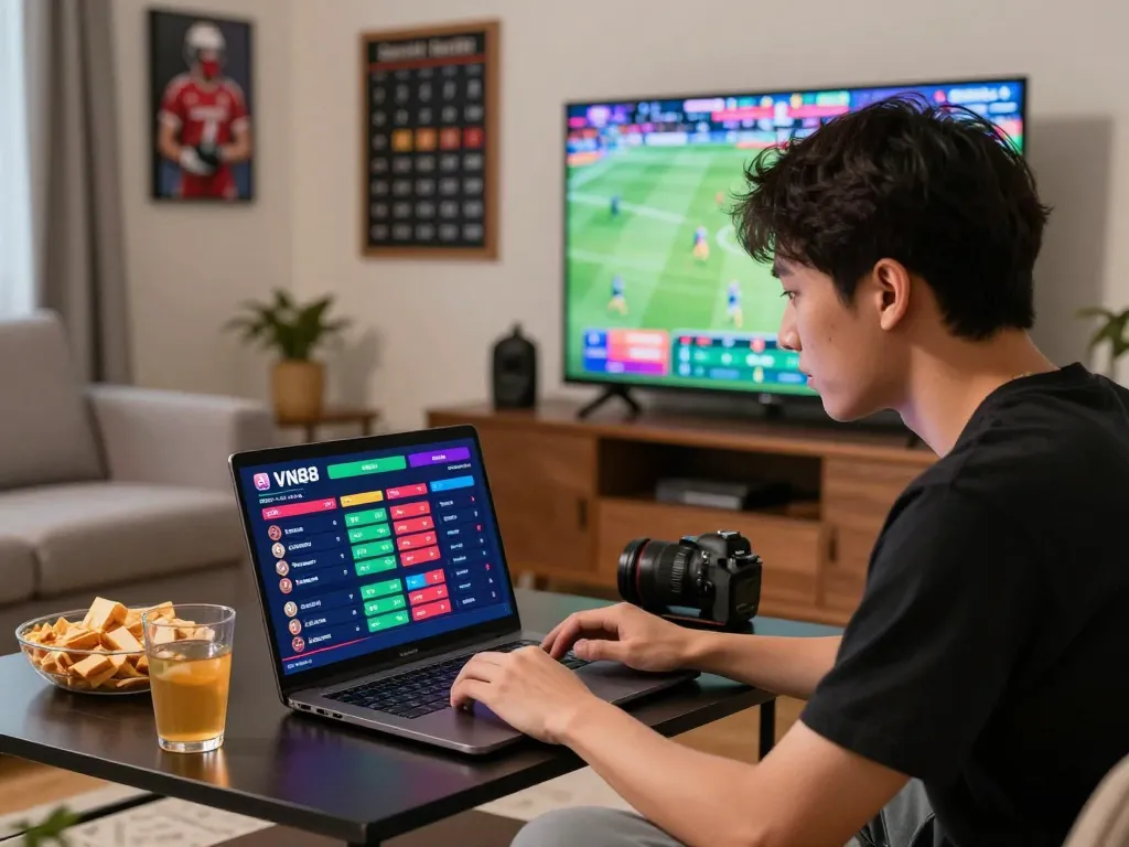 Engaging VN88 online betting scene at home with user placing live bets.