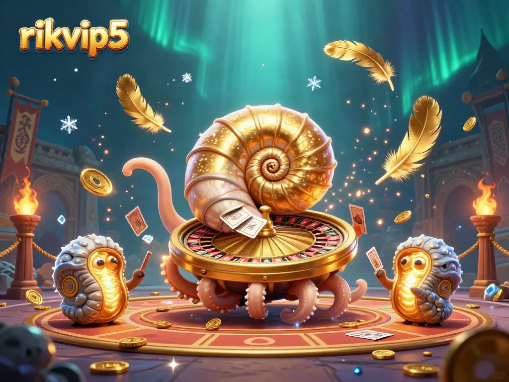 Engage with immersive gameplay at rikvip5, featuring a giant nautilus transformed into a roulette wheel amidst vibrant casino elements.