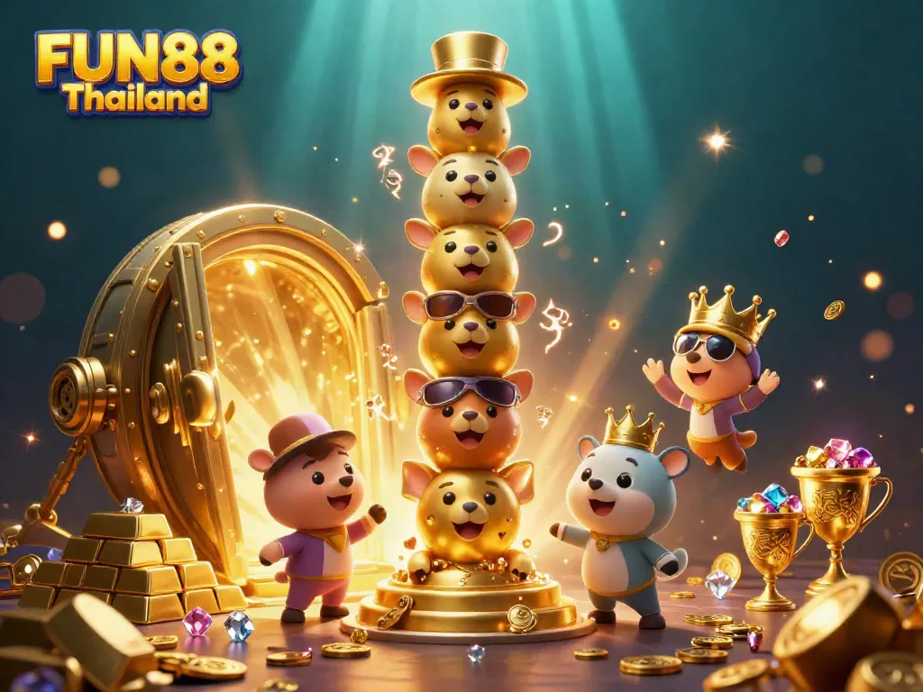 Experience the excitement of FUN88 Thailand with this vibrant 3D illustration showcasing a golden totem pole amidst treasure and casino elements.