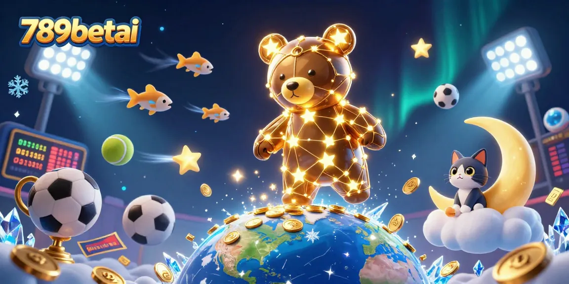 Engaging 789betai casino scene showcasing a gold-constellation bear with coins, sports elements, and vibrant particle effects.