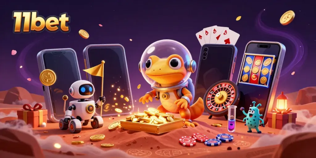 Engage with 11bet's thrilling casino scene featuring a Martian gecko discovering a hidden golden casino