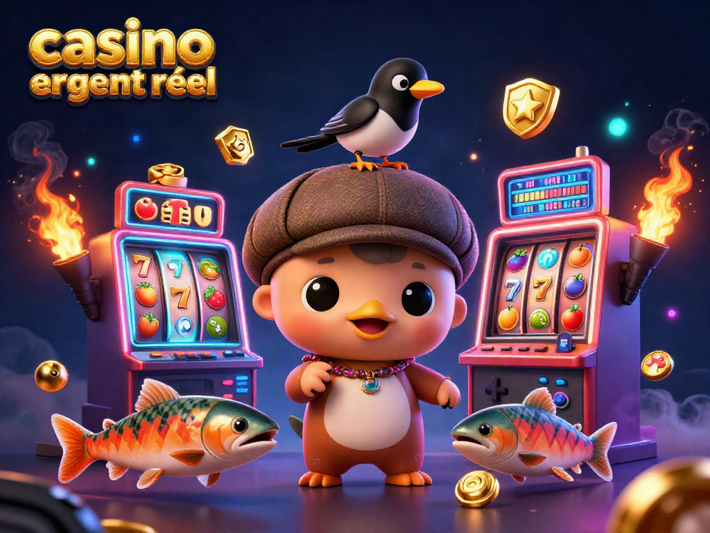 Découvrez une illustration d'un casino en ligne argent réel avec Nessie et des machines à sous colorées.