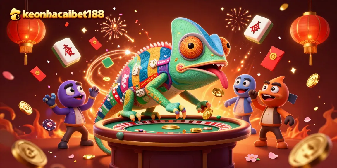 Experience the vibrant scene of keonhacaibet188 where a chameleon casino owner captivates players as golden coins fly around
