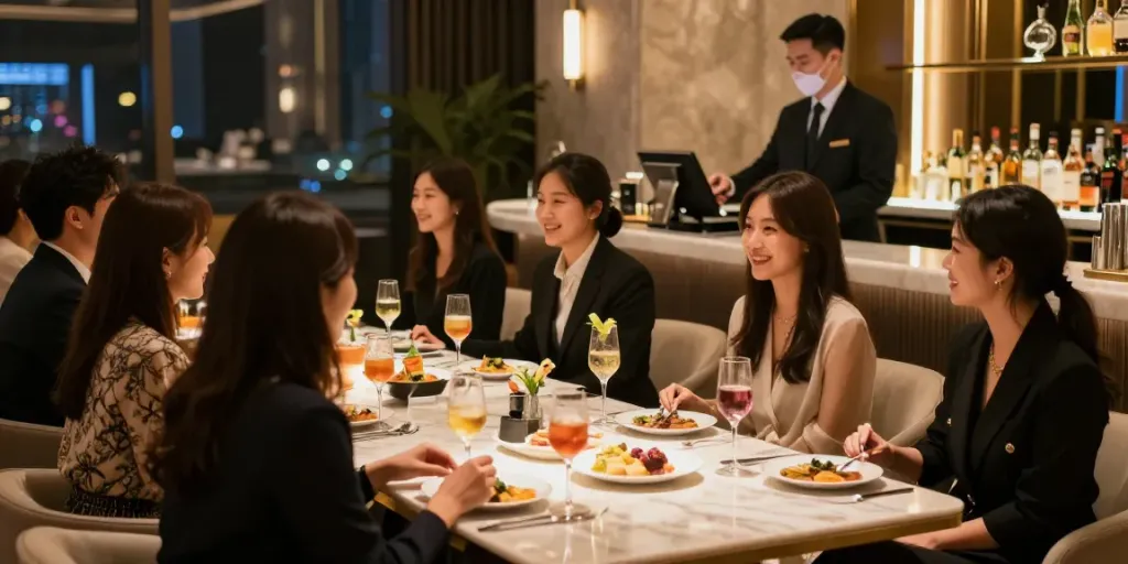 강남 타이밍의 고급스러운 분위기에서 모임을 즐기는 모습