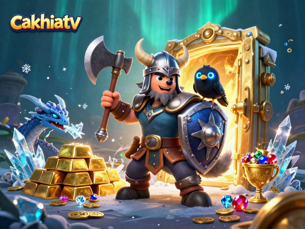 Experience thrilling gameplay with cakhiatv, featuring a Viking warrior, dragon, and vibrant casino treasures.