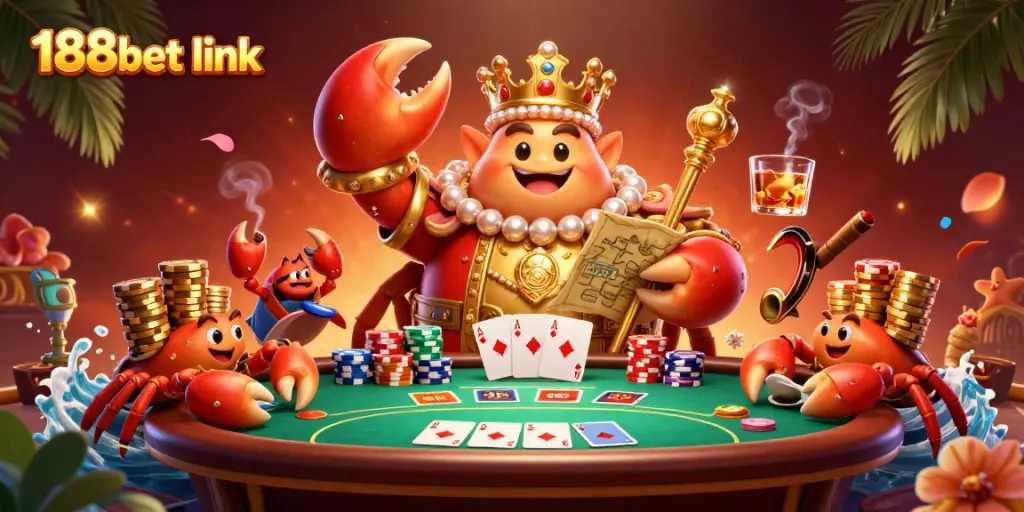 Experience thrilling gaming with the vibrant and rich 188bet link scene featuring a golden crab emperor and poker elements.