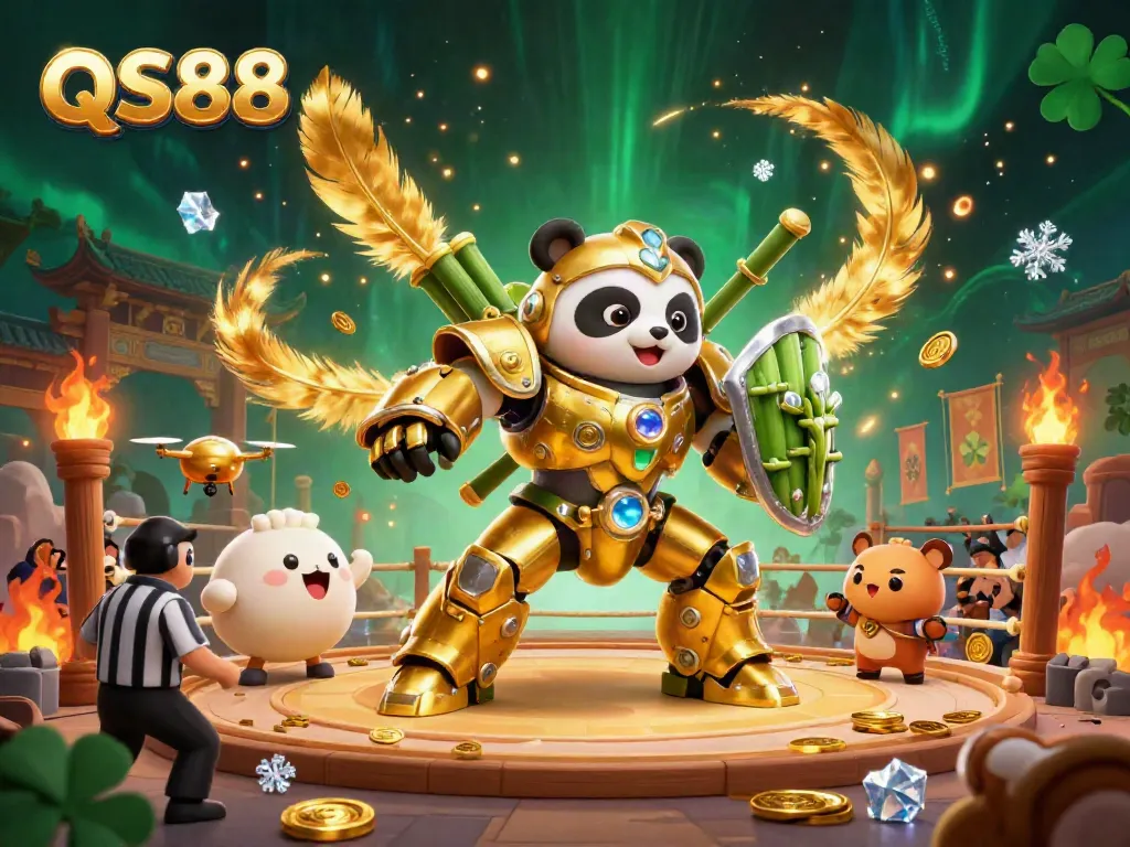 Experience the thrilling QS88 casino atmosphere with a golden panda mech battling in a vibrant arena filled with cheering spectators.