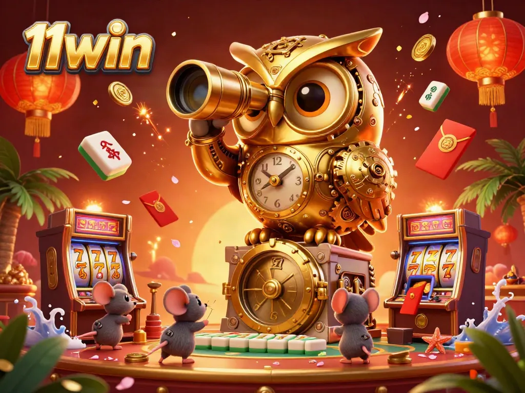 Experience the exciting world of 11win with a vibrant casino scene featuring a golden owl and engaging game elements.