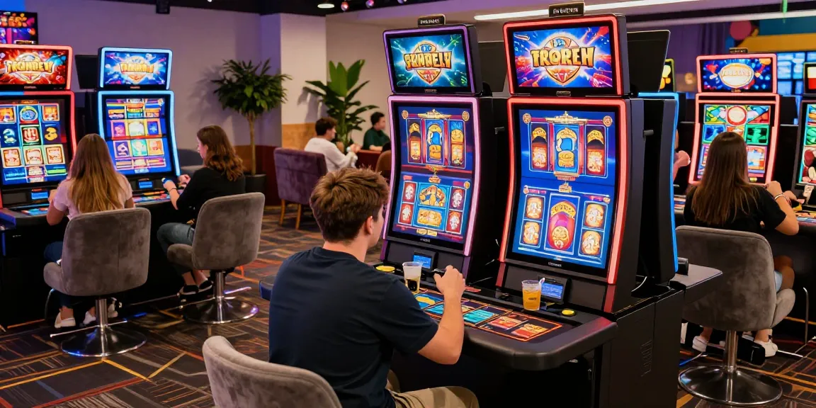Players enjoying games at non UK casinos with vibrant screens and lively atmosphere.