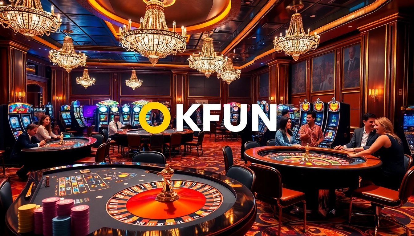 OKFUN casino scene featuring vibrant poker tables and roulette wheels with engaging players.