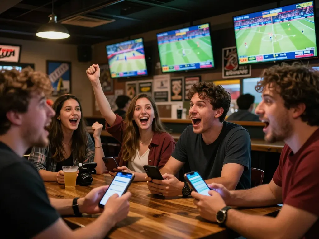 Group of friends enjoying sports betting excitement at a bar, showcasing keonhacai betting apps on their phones