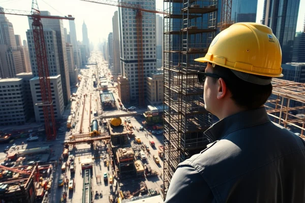 New York City Construction Manager supervising a vibrant construction site in the heart of the city.