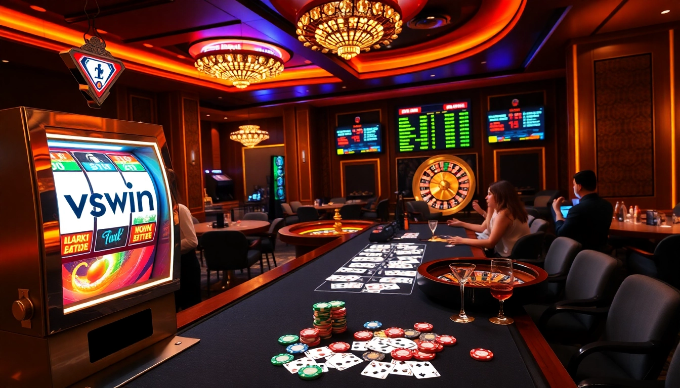 Excited players at a luxurious casino experience with the vswin slot machine and vibrant poker chips.
