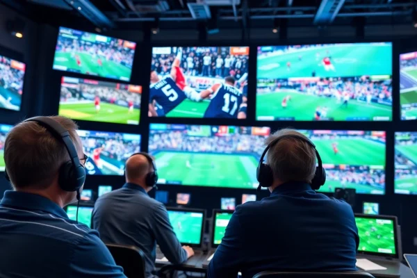 Engaging sports broadcasting scene with professionals and screens highlighting live events.