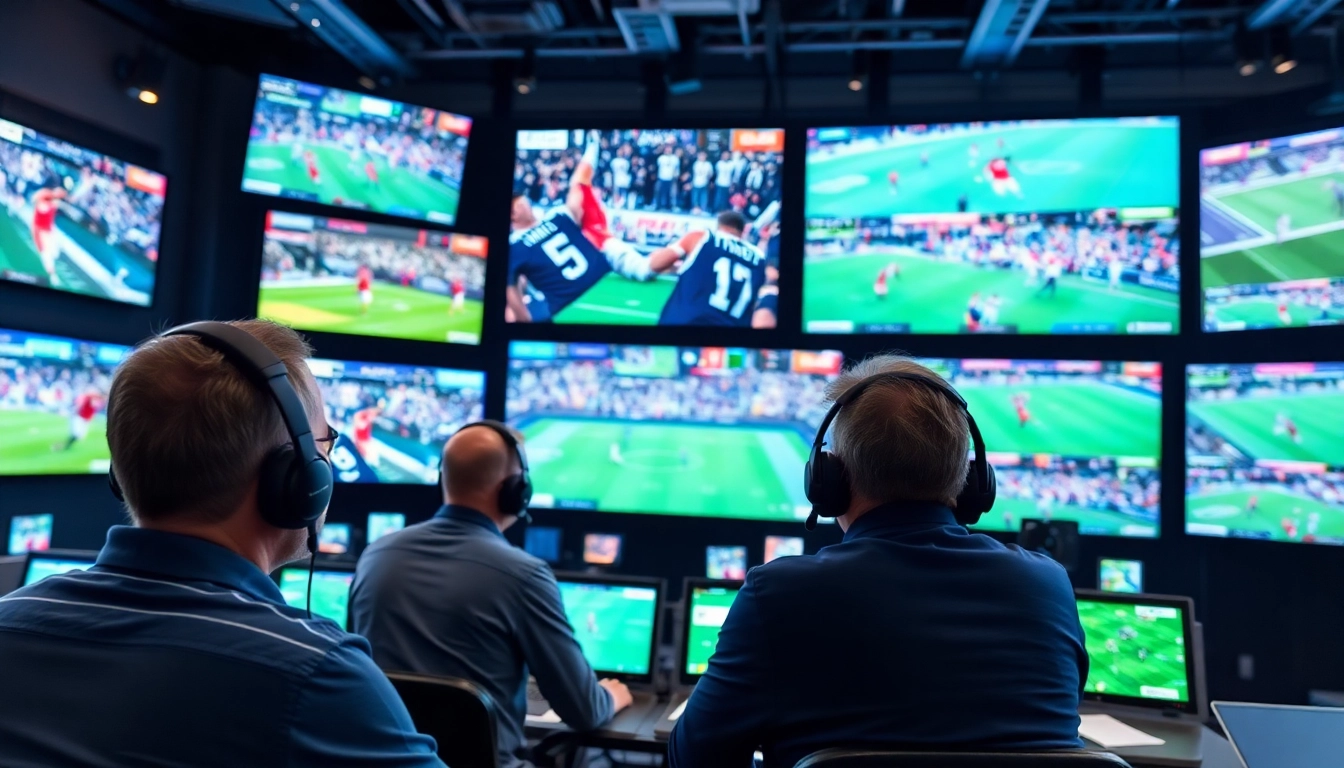 Engaging sports broadcasting scene with professionals and screens highlighting live events.