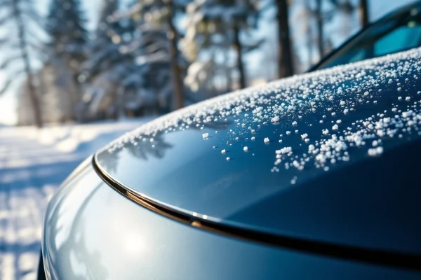 Highlighting PPF winter road salt protection on a vehicle against a snowy backdrop, showcasing durability.