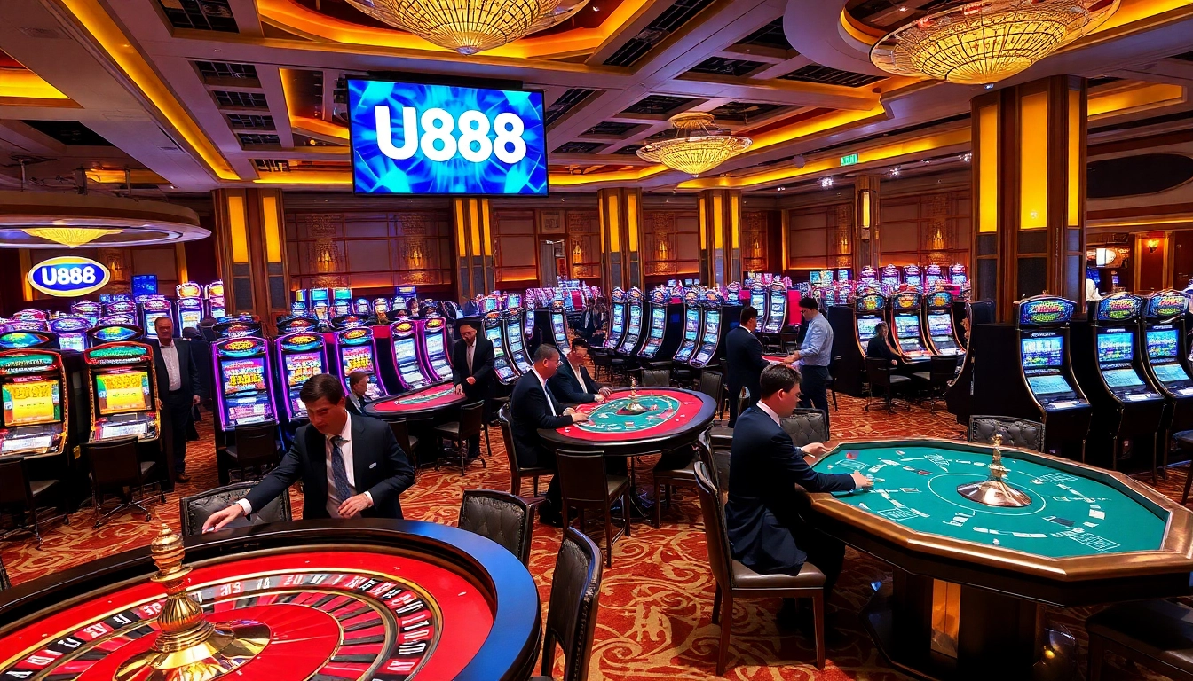 Experience high-stakes excitement at U888 casino with players strategizing their bets at elegant gaming tables.