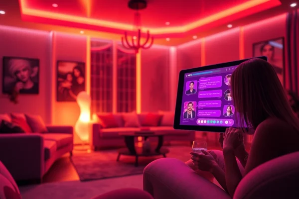 Engage in immersive porn chat AI experiences in a cozy, intimate setting with futuristic elements.