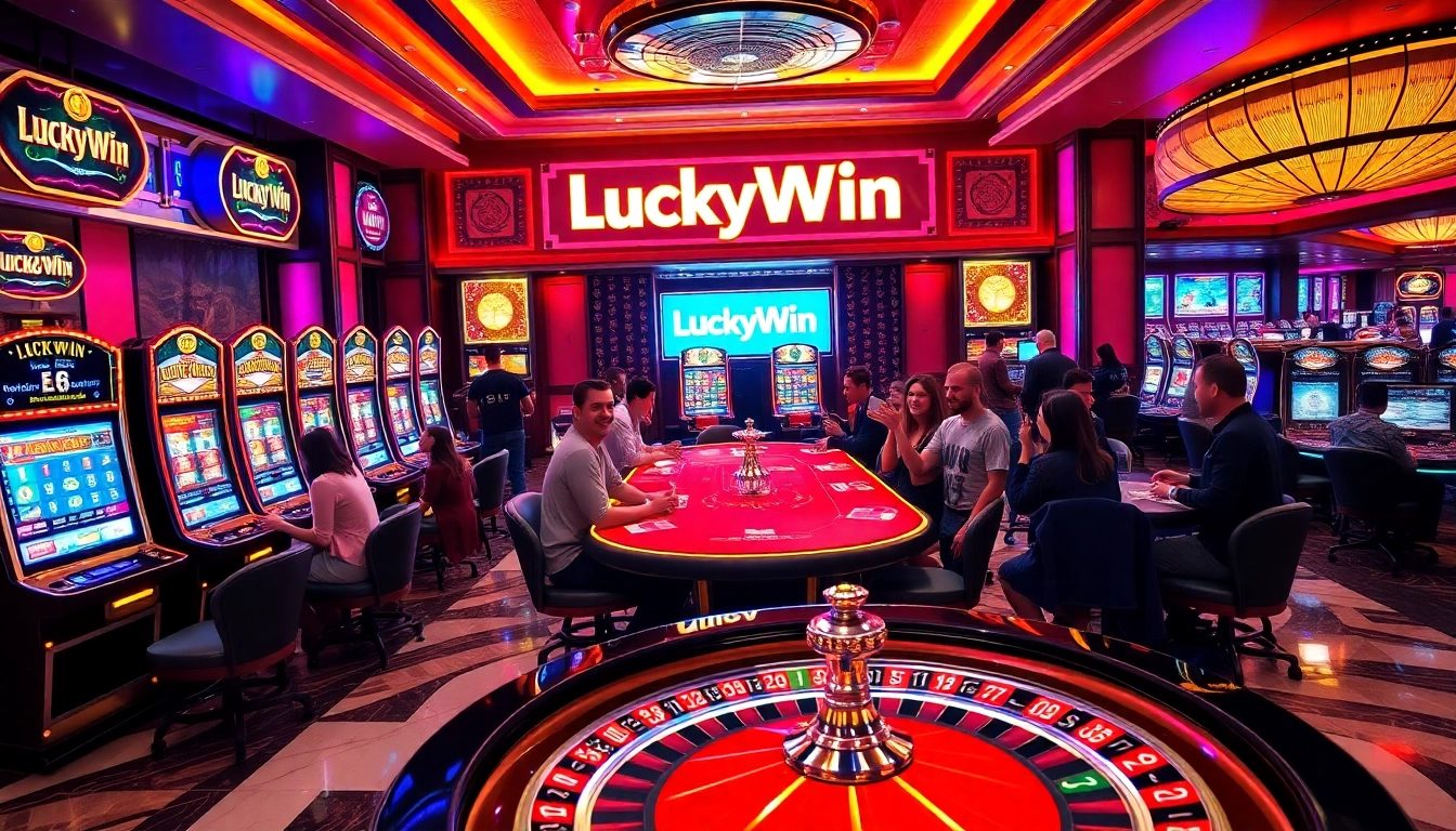 Experience the thrill of winning at LuckyWin Casino with vibrant slot machines and excited players.