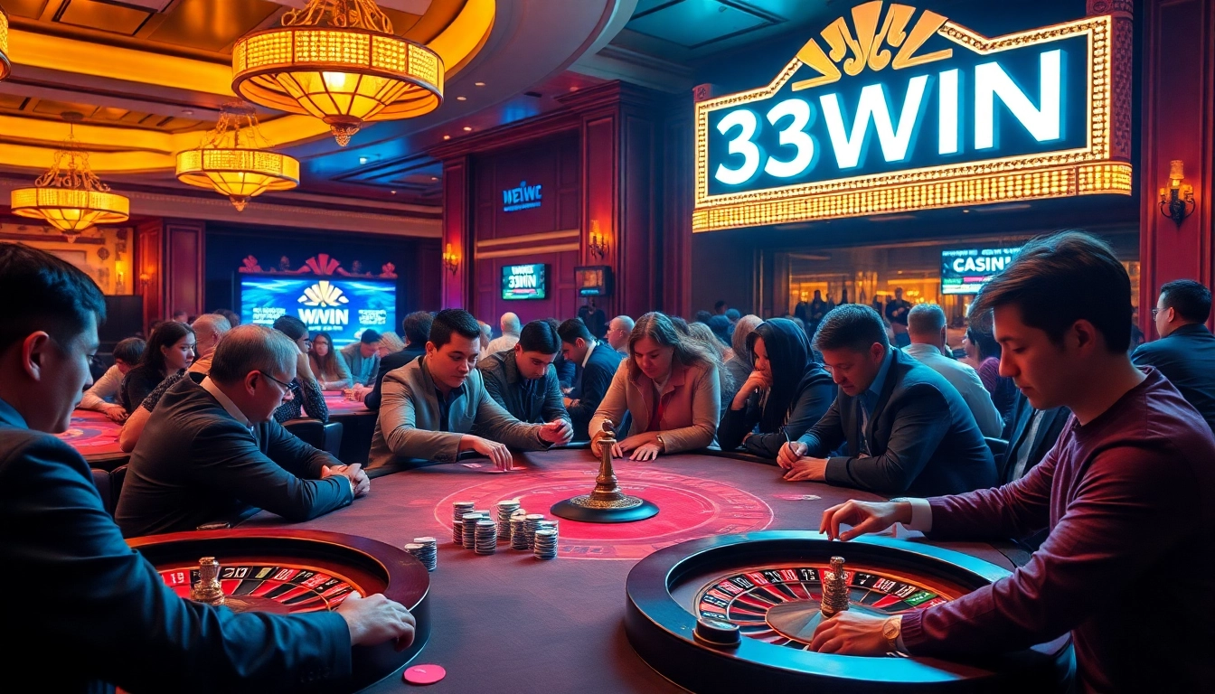 Experience the thrill of gambling at 33WIN with vibrant casino tables and engaged players.