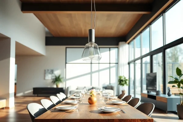 Shop ModernLighting with a stunning clear glass pendant light in a contemporary living room.