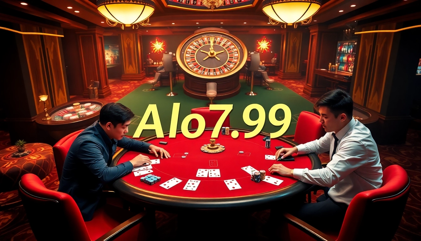 Alo789 đá gà players enjoying a thrilling game at a professional poker table in a vibrant casino.