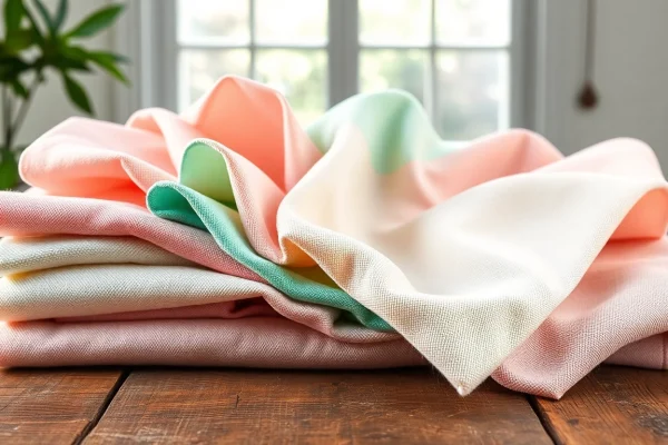 Katoen stoffen assortiment op een rustieke tafel met zachte pasteltinten en unieke texturen.