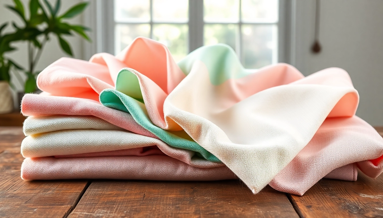 Katoen stoffen assortiment op een rustieke tafel met zachte pasteltinten en unieke texturen.