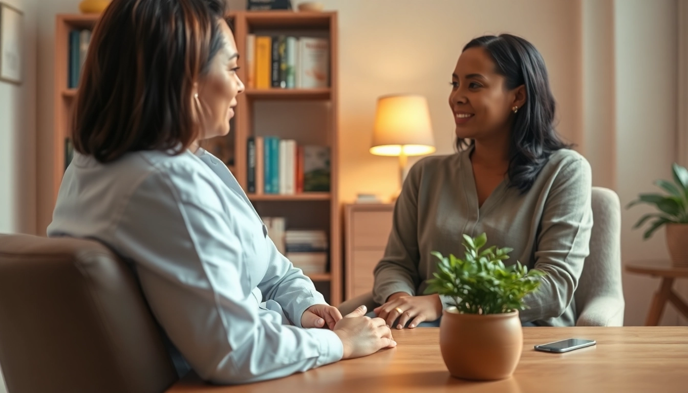 Therapist listening to a patient about stress and anxiety in a calming office.