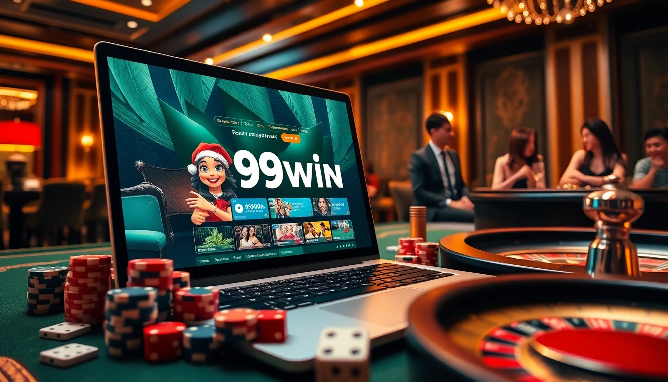 Players enjoying a thrilling 99win casino experience with roulette and poker elements in a vibrant setting.