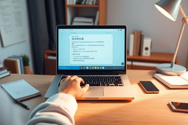 Professional user utilizing 有道翻译 for seamless multilingual translation in a modern workspace.