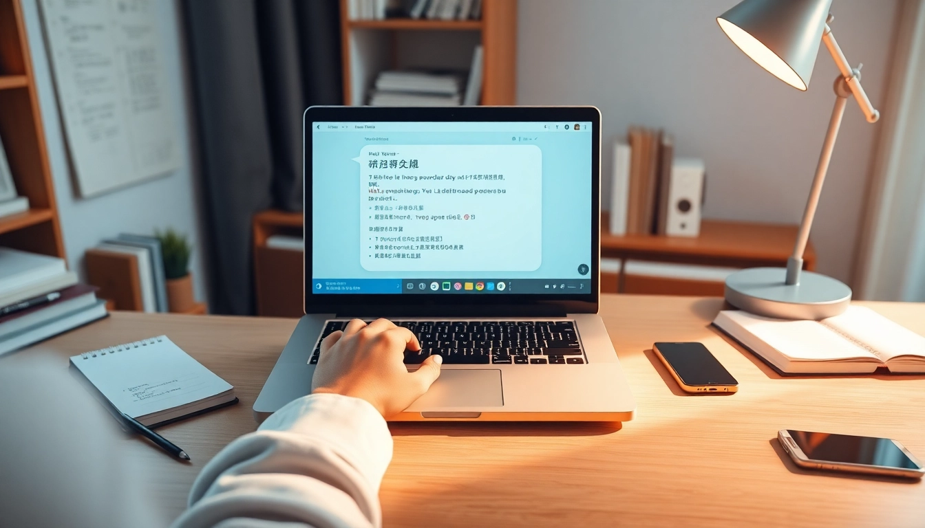 Professional user utilizing 有道翻译 for seamless multilingual translation in a modern workspace.
