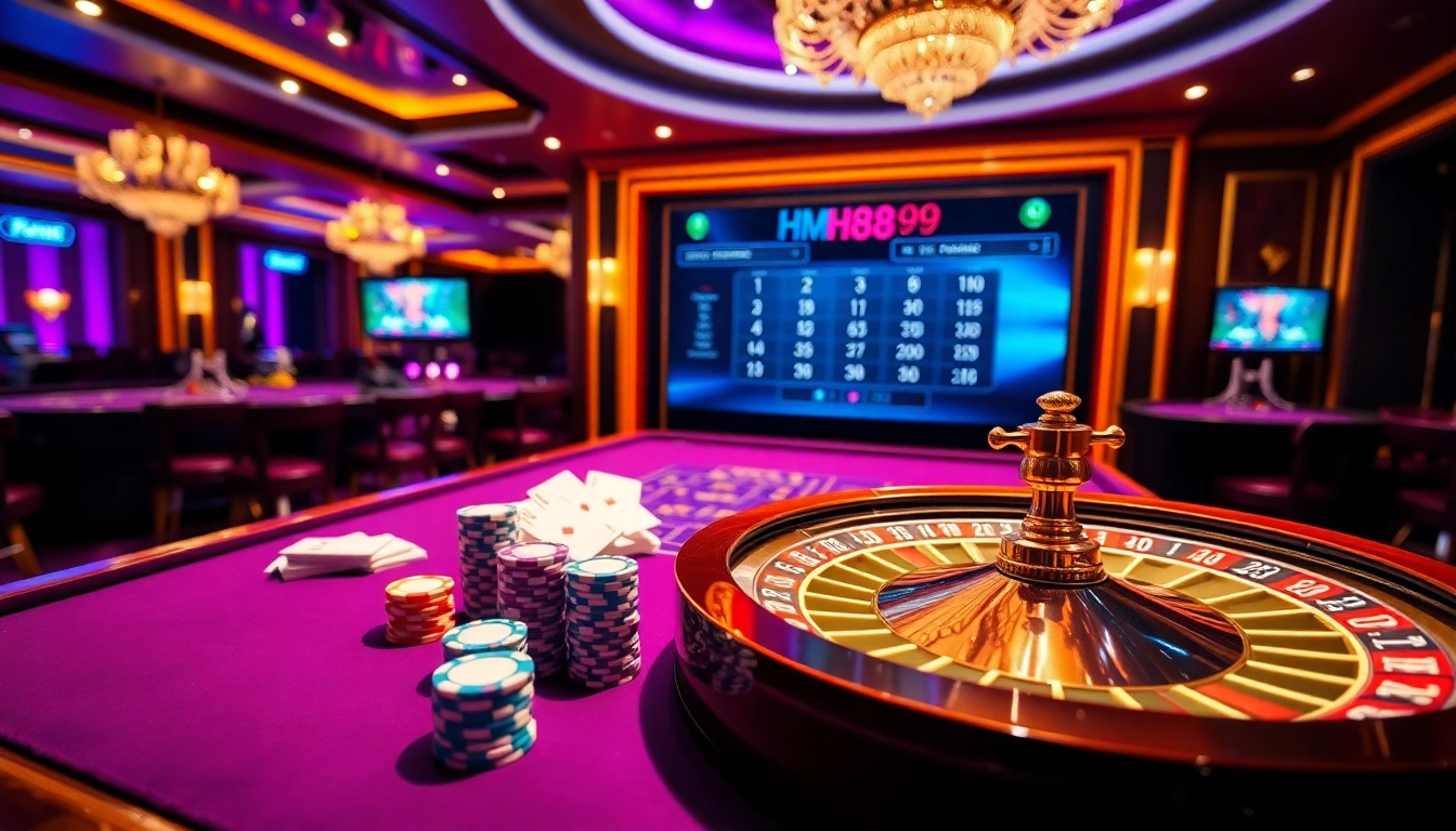 Vibrant casino scene showcasing HM88 with poker chips and a roulette wheel.