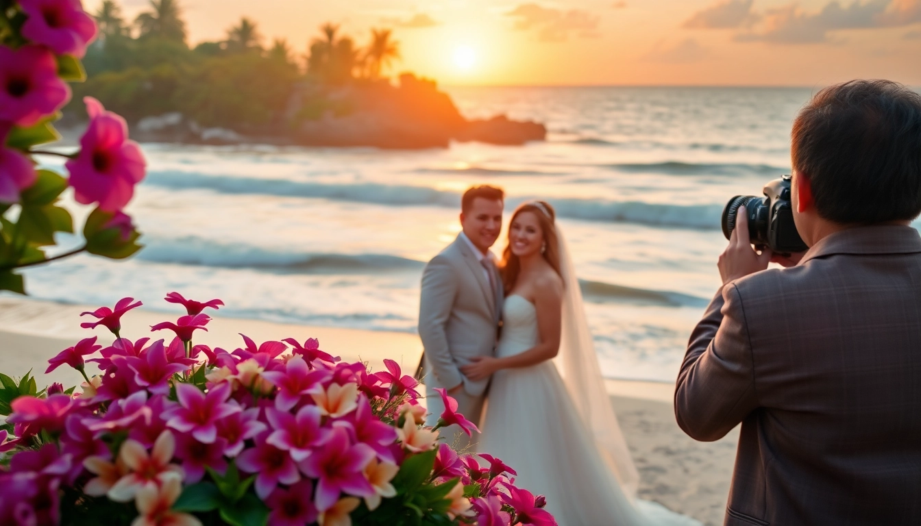 Captivating image of a destination photographer capturing a magical beach wedding scene.