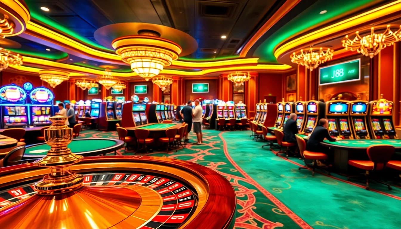Experience the excitement of j88 bet with vibrant casino tables, roulette, and slot machines in a luxurious setting.