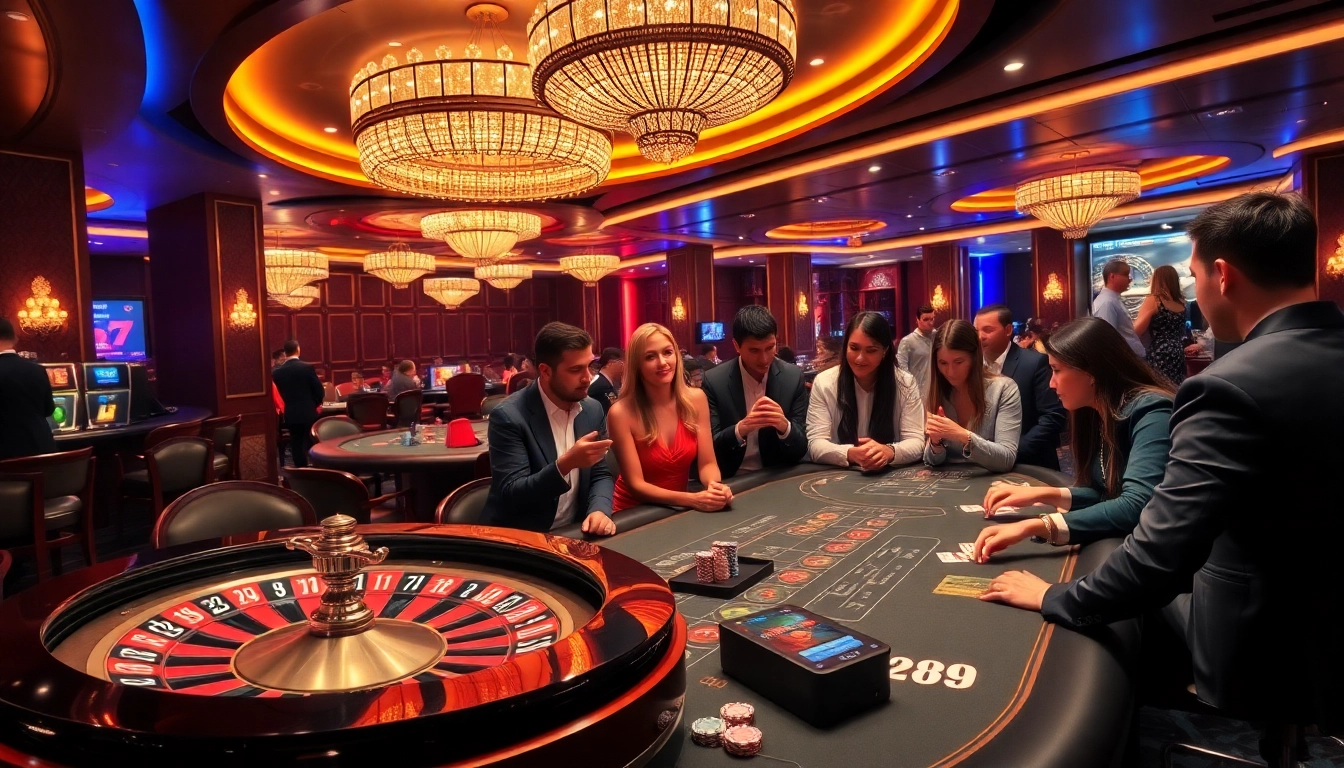 A dynamic casino scene highlighting 789club's vibrant gaming atmosphere with roulette and poker tables.