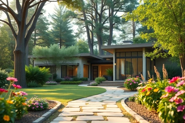 Rock View Road Revival features a stunning modern home embraced by lush greenery and vibrant landscaping.