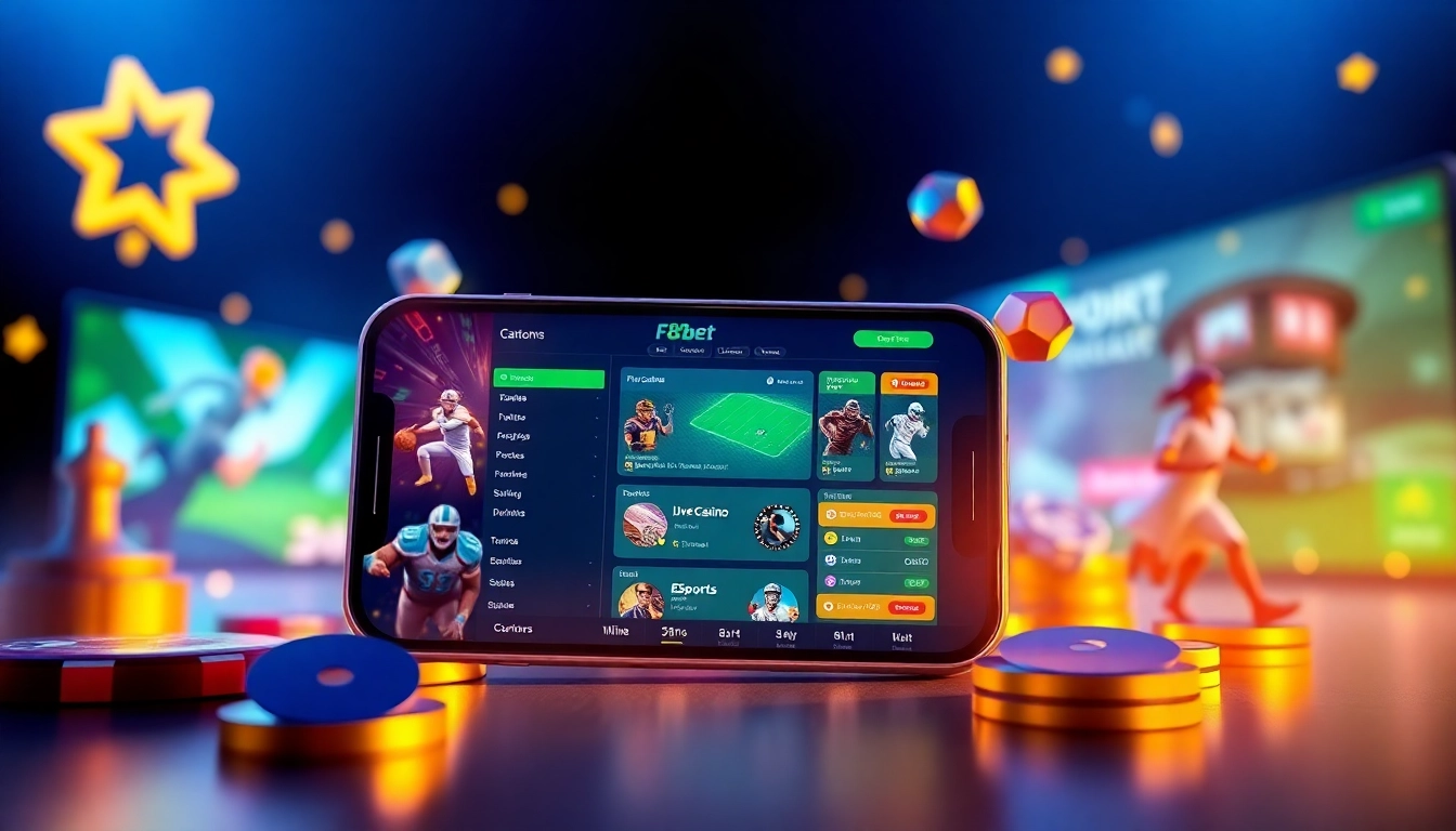 Engaging digital scene depicting F8bet's online casino experience with colorful interfaces.