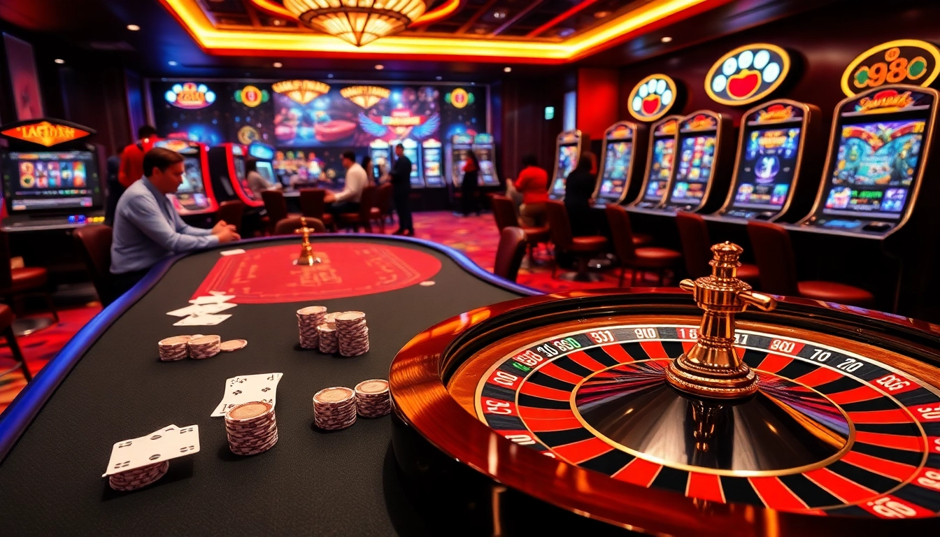 Engaging gamblers with tg88 at a luxury online casino featuring vibrant tables and bright slot machines.