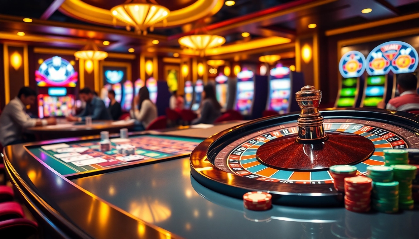 Experience thrilling gambling moments with Keonhacai at an upscale casino scene featuring roulette and poker.